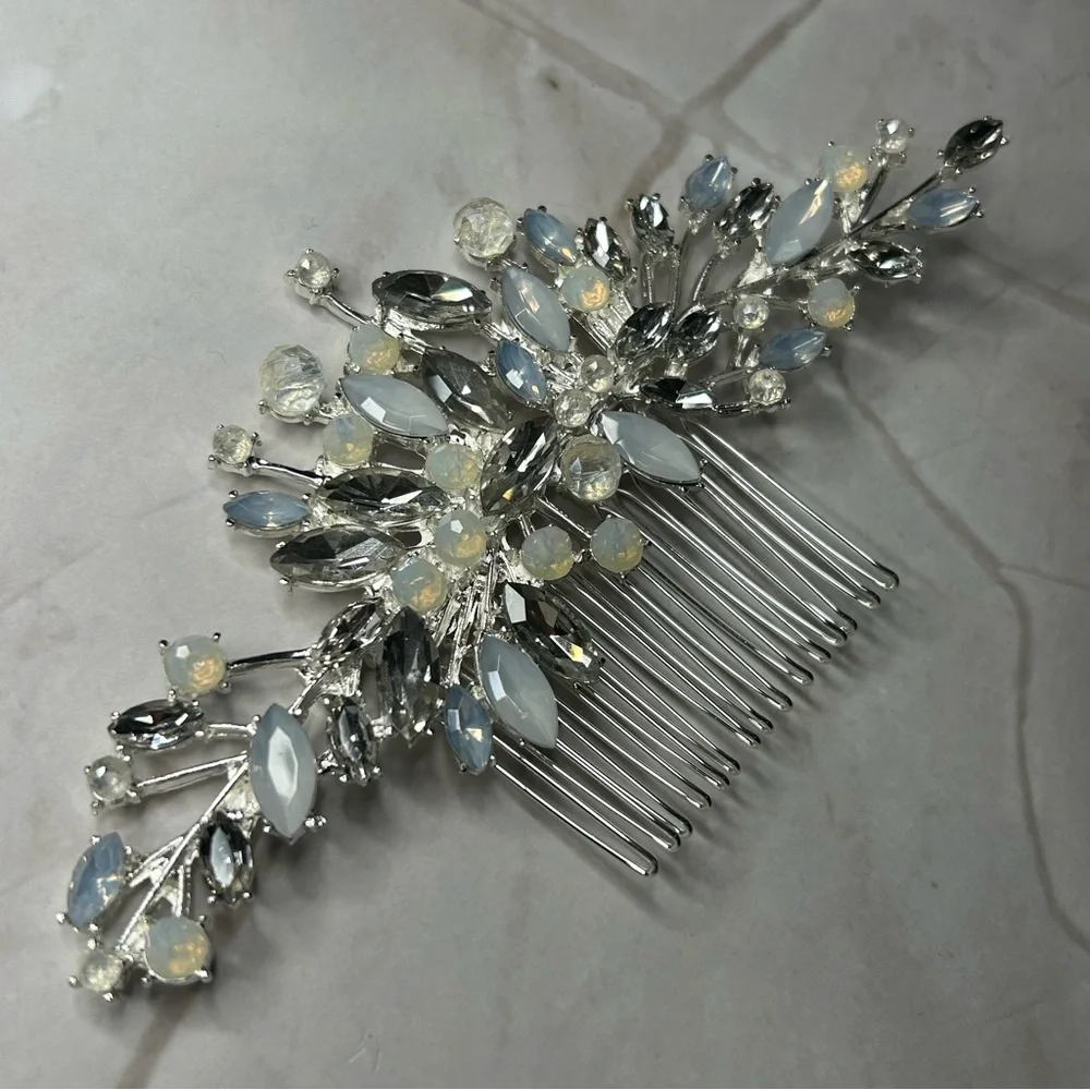 Dazzling Silver Tone Opal and Light Blue Adorned Hair Comb